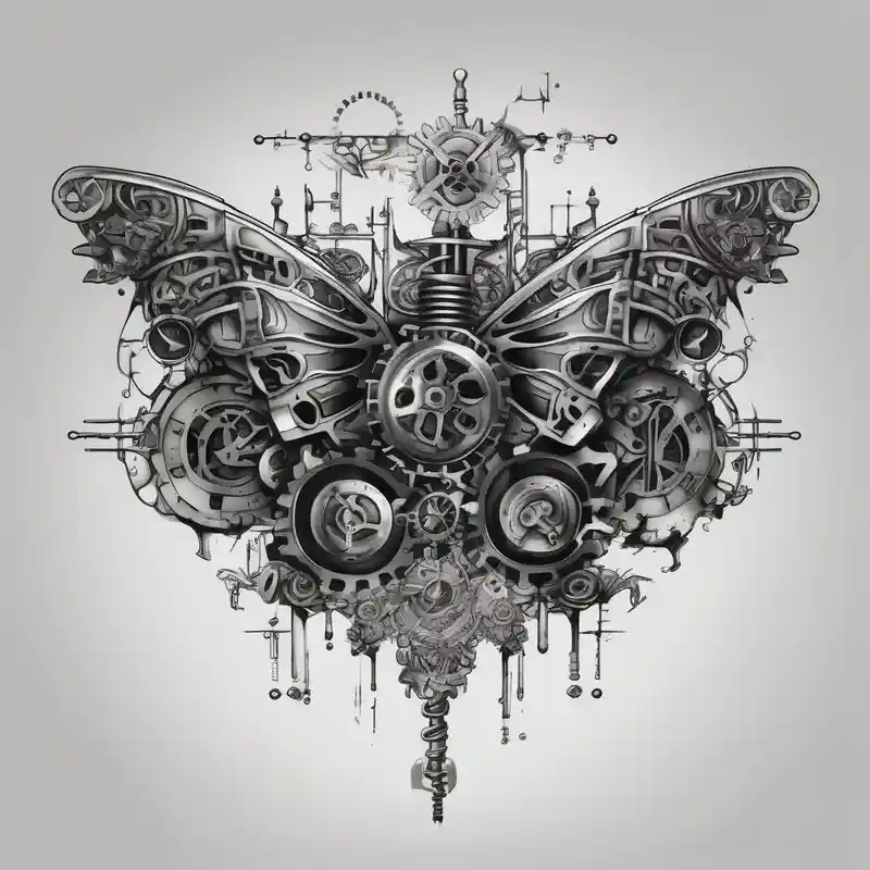 tattoo design for back spine with techno mechanical aspects representing life and eternity. sprockets gears screws levers